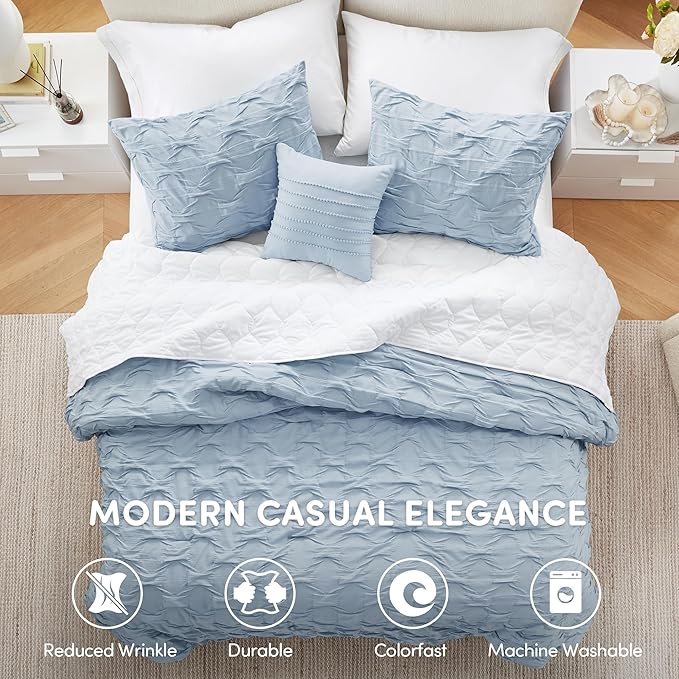 Comfort Spaces Comforter for King Size Bed, Ogee Ruched with Crinkle Texture, Breathable Comforter Set King, All Season Lightweight Bedding Set, Shams, Décor Pilow, King/Cal King Blue 4 Piece