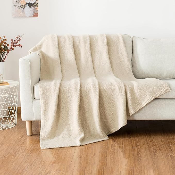 Carriediosa Wool Blend Knit Throw Blanket 50" X 60", 50% Recycled Polyester Soft Cable Knitted Fluffy Throws for Couch Lightweight Woven Blankets for Sofa Fuzzy Cozy Bed Cover, Light Beige