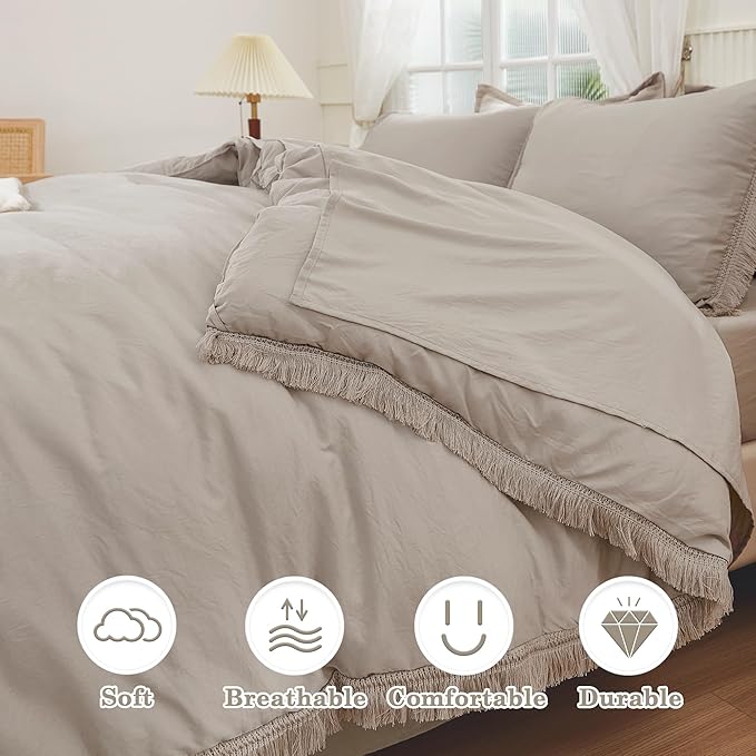 Andency Wheat King Size Comforter Set with Sheets - 7 Pieces Boho Tassel Bed in a Bag Soft Lightweight Bedding Sets, Wheat Fringe Bed Set with Comforter, Sheets, Pillowcases & Shams