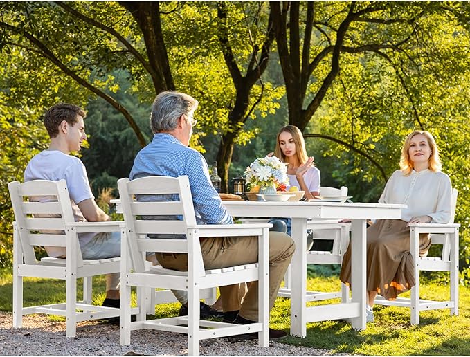 SERWALL 7-Piece Patio Dining Table Sets, Outdoor HDPE Dining Furniture Set with Umbrella Hole Cut-Out Table and 6 Chairs, White
