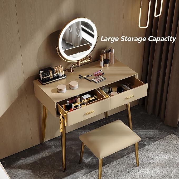 IKuinen Makeup Vanity Desk with Mirror and Lights, Small Vanity Table with 2 Drawers,Vanity Set for Bedroom with Microfiber Leather, 3 Lighting Modes - 31.5In Coffee