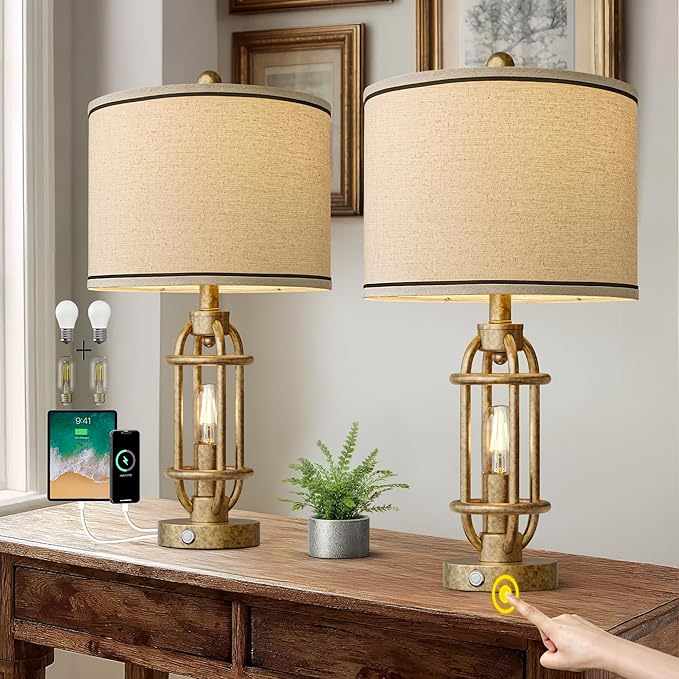 23.75'' Table Lamps Set of 2 for Living Room Bedroom Industrial Farmhouse Metal Touch Lamps with USB A+C Ports, Night Light Vintage Nightstand Bedside Lamp, Bulbs Included, Champagne Gold