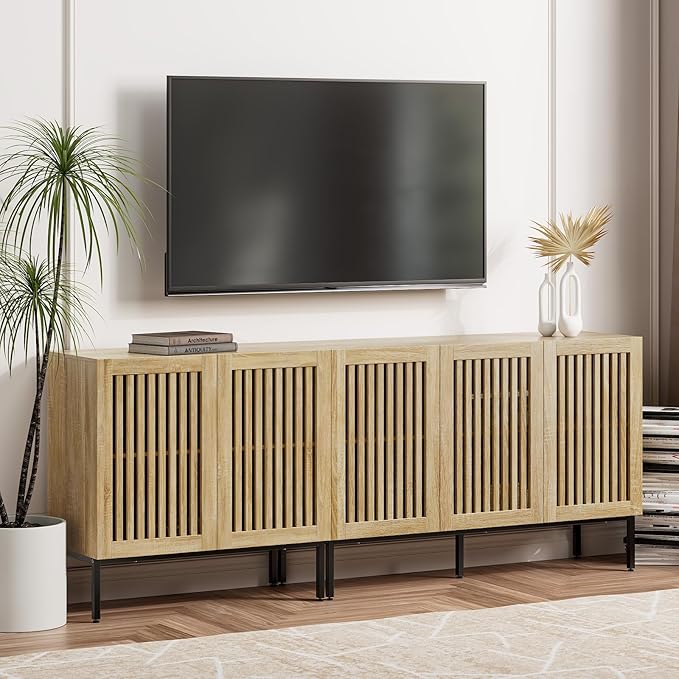 Farmhouse TV Stand for TVs up to 85 inch, 2 in 1 Entertainment Center TV Console with Storage Cabinets and Metal Base,Media Console for Living Room,Oak