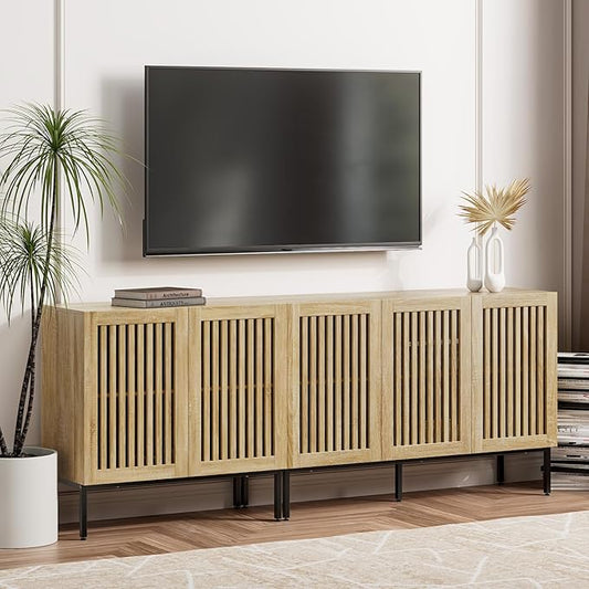 Farmhouse TV Stand for TVs up to 85 inch, 2 in 1 Entertainment Center TV Console with Storage Cabinets and Metal Base,Media Console for Living Room,Oak