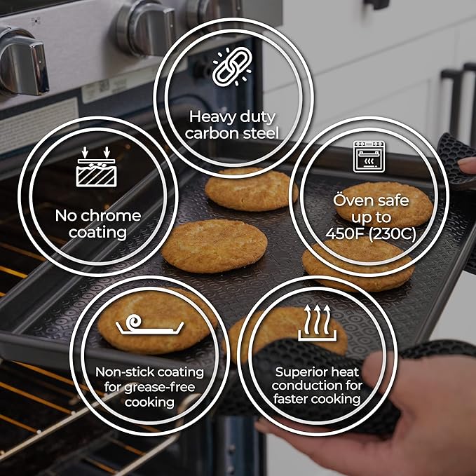 KITCHENATICS 12 PC Carbon Steel Baking Pans Set Nonstick, Kitchen Essentials for New Home, Nonstick Bakeware Sets with Cake and Muffin Tins, Non Stick Bread and Oven Pan - Black Stackable Bakeware Set