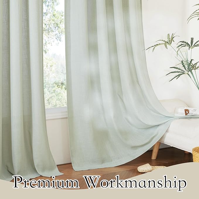 RYB HOME Green Linen Sheer Curtains 70 inches Widith, Light Filtering Vertical Decorative 84 Inches Long 2 Panels Set Window Treatments for Bedroom, Sage Green, W 70 x L 84 inches
