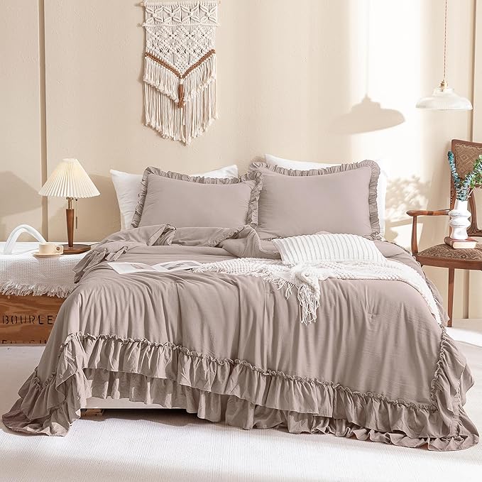 QSH Shabby Ruffled Comforter Set 3 Pieces, Lightweight Taupe Bed Comforter,Microfiber Inner Fill Bedding King Size