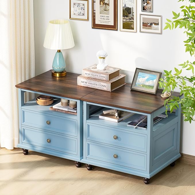Farmhouse Nightstand Set of 2 with Charging Station, 24" Wide End Table with 2 Drawers, Dresser Cabinet for Bedroom,Bed Side Table Chest of Drawers,Light Blue Night Stand for Living Room