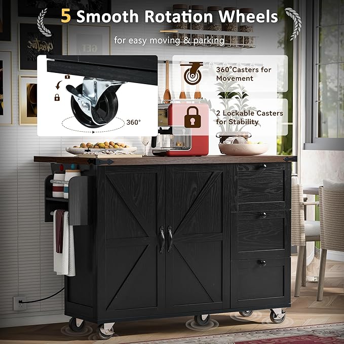 Merax 54.5" Upgraded Kitchen Cart Island on Wheels with Power Outlet,Drop Leaf and 3 Side Drawers,Farmhouse Wood Frame Storage Cabinet