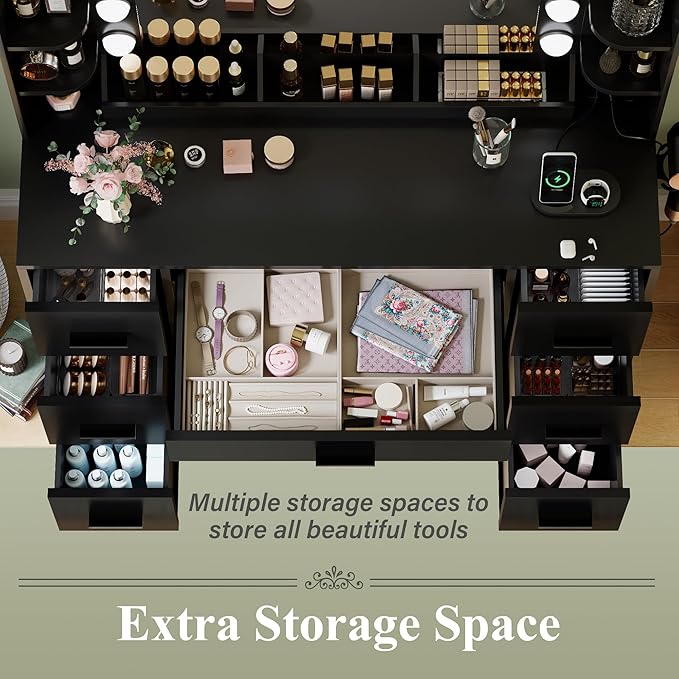 JUMMICO Makeup Vanity Desk with Large Mirror and Lights, Vanity with Power Strip and Hairdryer Holder, 6 Open Shelves and 7 Drawers Modern Dressing Table, for Bedroom (Black)