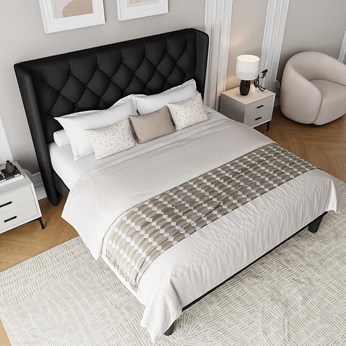 Full Size Upholstered Bed Frame with Wingback Headboard, Fabric Linen Platform Bed, 8" Under Bed Storage, Wooden and Metal Slats Support, No Box Spring Needed, Noise Free, Black