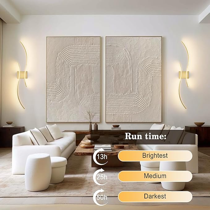 Battery Operated Wall Sconces Set of Two with Remote Control, Stepless Colors 3000K-6000K & Dimming, LED Brass Wireless Wall Light for Living Room, Hallway, Bedroom, 39.3 Inch (2 Pack)