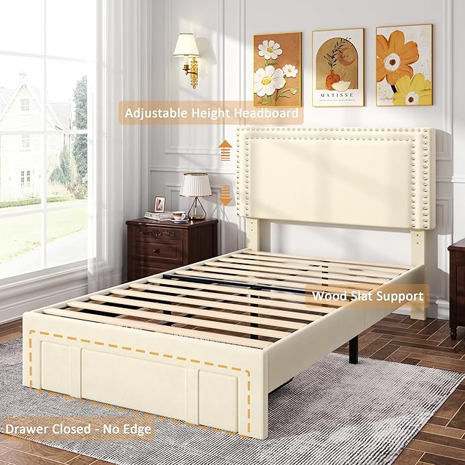 VECELO Twin Size Platform Bed Frame with Storage Drawer, Adjustable Velvet Rivet Decor Headboard, Wooden Slats Support, No Box Spring Needed, Easy Assembly