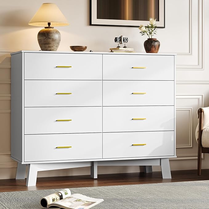 Dresser for Bedroom with 8-Drawer, 37" Tall Modern Chest of Drawers with Metal Handles, X-Shape Base & Adjustable Center Leg, Anti-Tip Closet Organizers and Storage