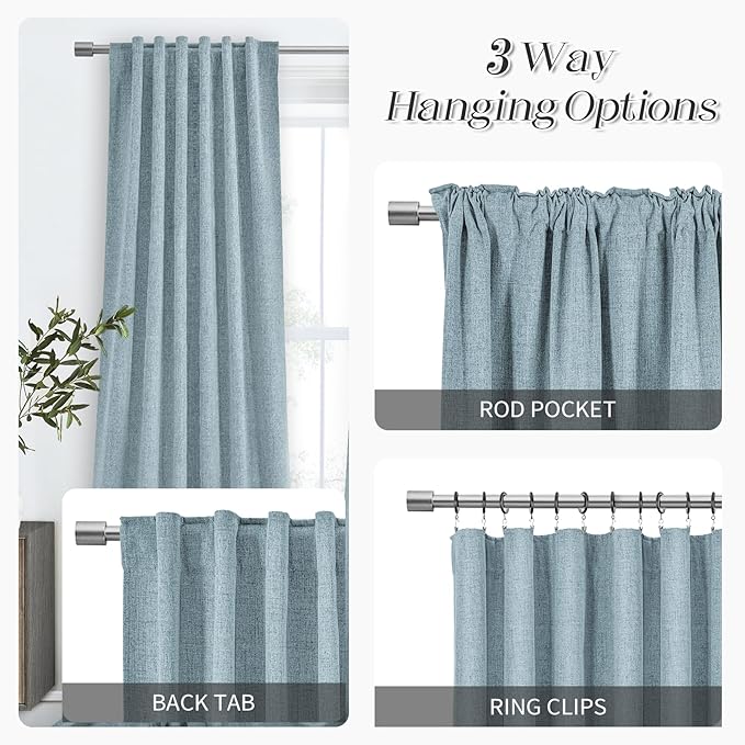 Dusty Blue 9 FT Long Linen Blackout Curtains with Back Tab and Rod Pocket Thermal Insulated Privacy Drapes for Bedroom 2 Panels 108 Inches Long Ceiling to Floor Length Curtains for Living Room