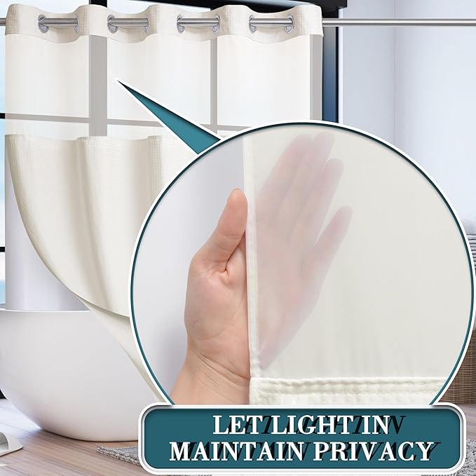 Extra Long No Hook Waffle Weave Shower Curtain with Snap in Liner Set, Hotel Luxury Beige Shower Curtains for Bathroom with See Through Top Window, Waterproof, Washable 71W x 84H