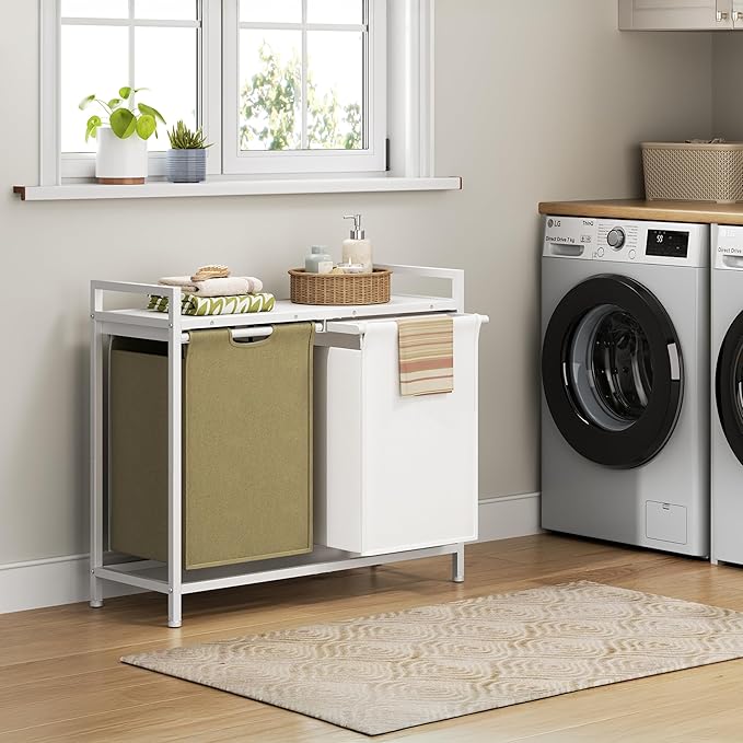 Laundry Hamper with Shelf, Laundry Basket 2 Section, Laundry Sorter with Pull-Out Removable Large 2 Color Bags and Movable, Metal Frame, 2 x 15.87 Gallons (60L), White PF06XLE