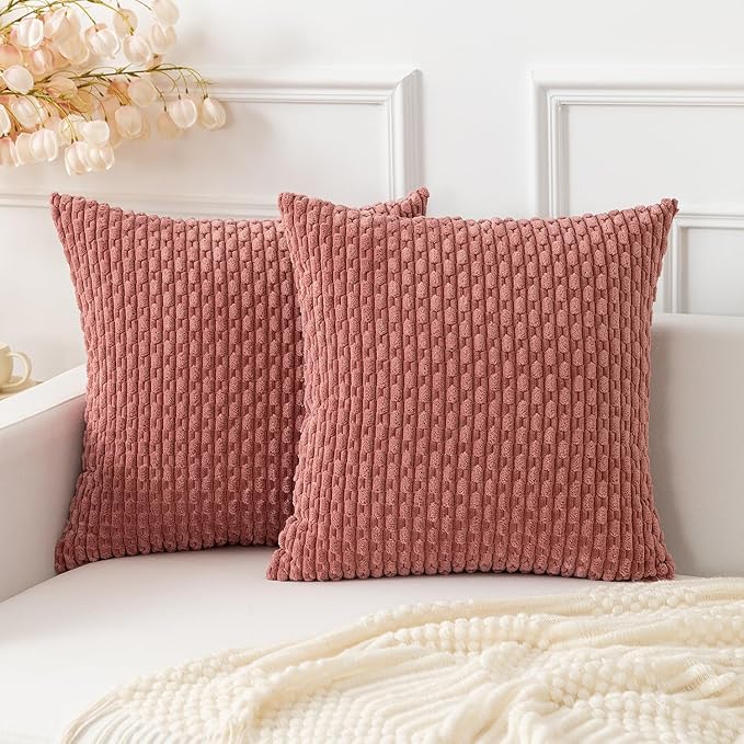 Kevin Textile Throw Pillow Covers Soft Corduroy Decorative Set of 2 Boho Striped Pillow Covers Pillowcases Farmhouse Home Decor for Couch Bed Sofa Living Room 26x26 Inch Blush Pink