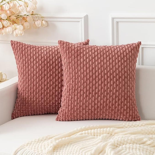 Kevin Textile Throw Pillow Covers Soft Corduroy Decorative Set of 2 Boho Striped Pillow Covers Pillowcases Valentines Day Farmhouse Home Decor for Couch Bed Sofa Living Room 18x18 Inch Blush Pink