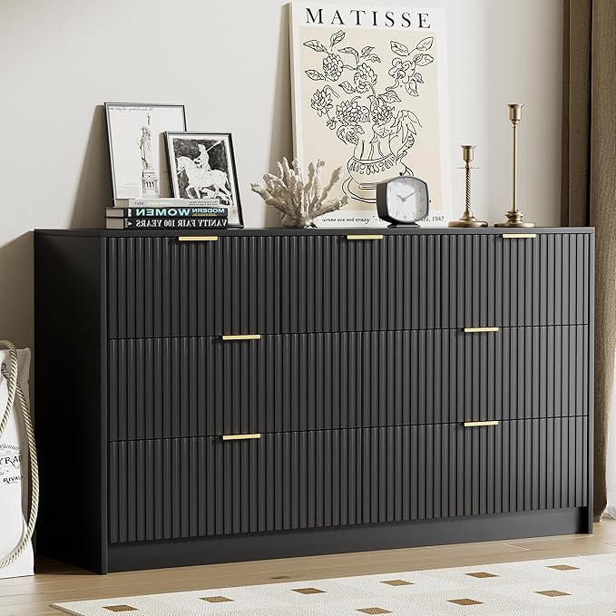 Black Dresser for Bedroom, Modern Dresser with 7 Drawers and Smooth Slides, Wide Chest of Drawers with Golden Handles for Bedroom, Living Room, Closet, 15.7" D x 55.1" W x 31.4" H