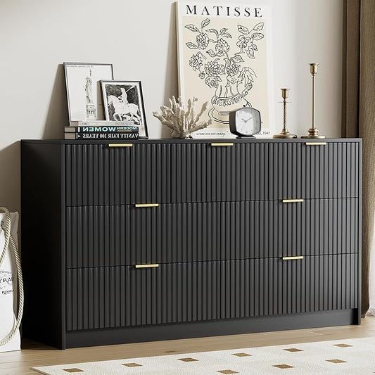 Black Dresser for Bedroom, Modern Dresser with 7 Drawers and Smooth Slides, Wide Chest of Drawers with Golden Handles for Bedroom, Living Room, Closet, 15.7" D x 55.1" W x 31.4" H