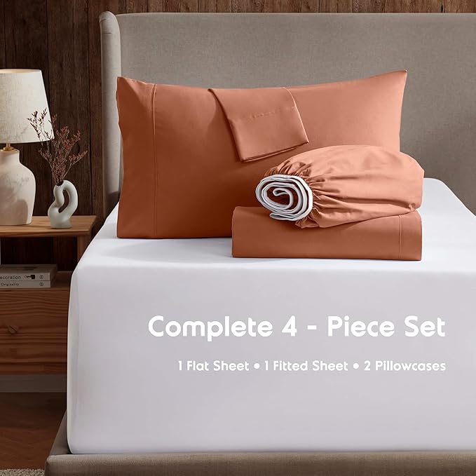Nestl Bed Sheets Set - 4Pc California King, Microfiber, Ultra Soft, Breathable, Lightweight, Snug Fit, Rust