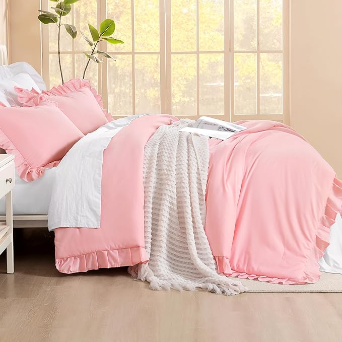 Litanika Pink Full Size Comforter Sets, 3 Pieces Ruffle Farmhouse Aesthetic Bedding Comforter Sets, All Season Soft Lightweight Fluffy Microfiber Bed Set(79x90In Comforter, 2 Pillowcases)