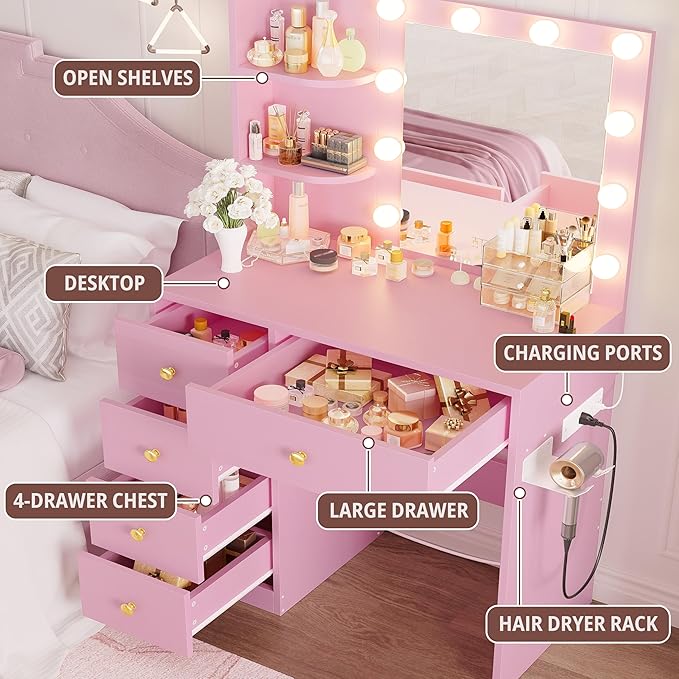 IRONCK Vanity Desk with Mirror and Lights, Small Makeup Vanity Table with 5 Drawers, Power Outlet, and Vanity Stool, 3 Lighting Colors, Dressing Table for Women Girls Bedroom, Pink