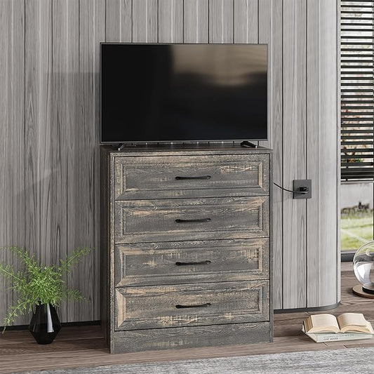 Fameill Dresser for Bedroom, 4 Drawer Small Dresser Organizer with Charging Station for Livingroom, Chest of Drawers with Metal Handles, Dark Brown