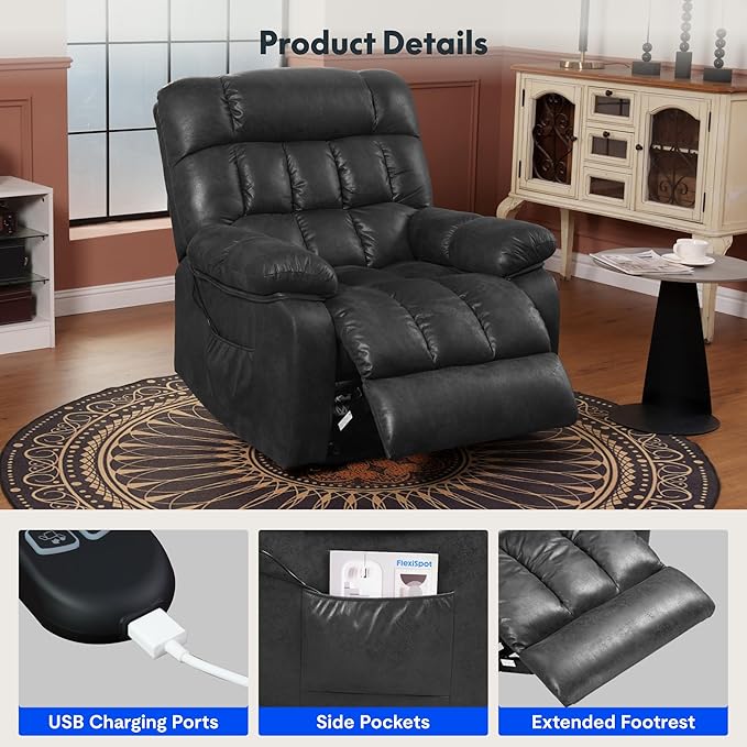 FLEXISPOT XL51 Dual OKIN Motor Power Lift Recliner Chair for Elderly, Lay Flat Electric Recliner with Massage & Heat, USB Ports, Faux Leather Reclining Sofa for Living Room Bedroom, Black