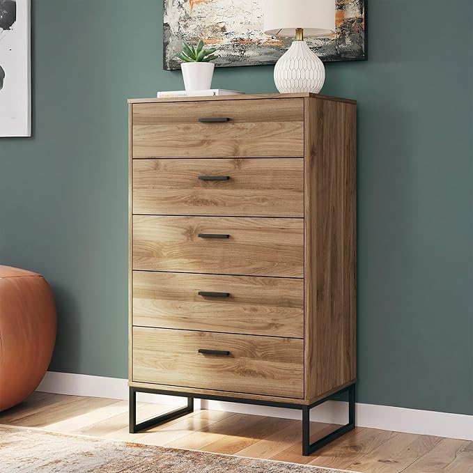 Signature Design by Ashley Deanlow Mid-Century Modern 5 Drawer Wide Chest with Safety Stop for Bedroom, Light Brown & Black