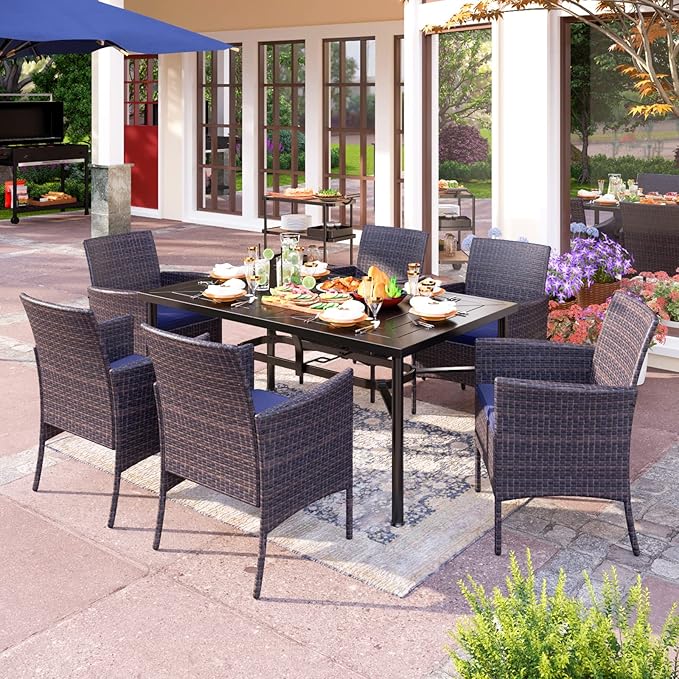 PHI VILLA 7 Piece Patio Dining Table Set for 6, 64" Metal Dining Table with Umbrella Hole & Cushioned Wicker Chairs for Outdoor, Yard, Porch, Deck