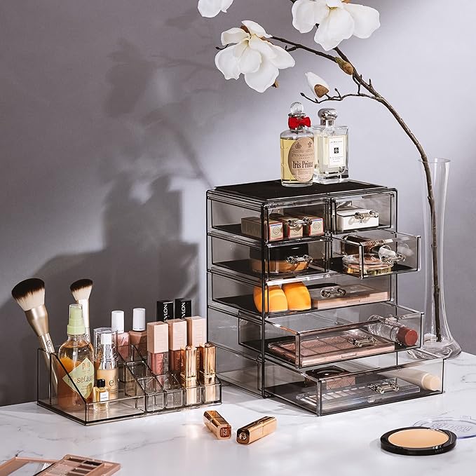 Sorbus Clear Cosmetic Makeup Organizer - Make Up & Jewelry Storage, Case & Display - Spacious Design - Holder for Dresser, Bathroom, Vanity & Countertop (3 Large, 4 Small Drawers) [Black Jewel]