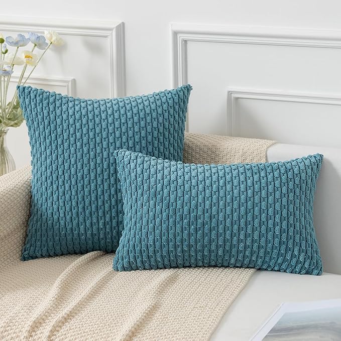 Kevin Textile Throw Pillow Covers Soft Corduroy Decorative Set of 2 Boho Striped Pillow Covers Pillowcases Farmhouse Home Decor for Couch Bed Sofa Living Room 16x16 Inch Light Blue