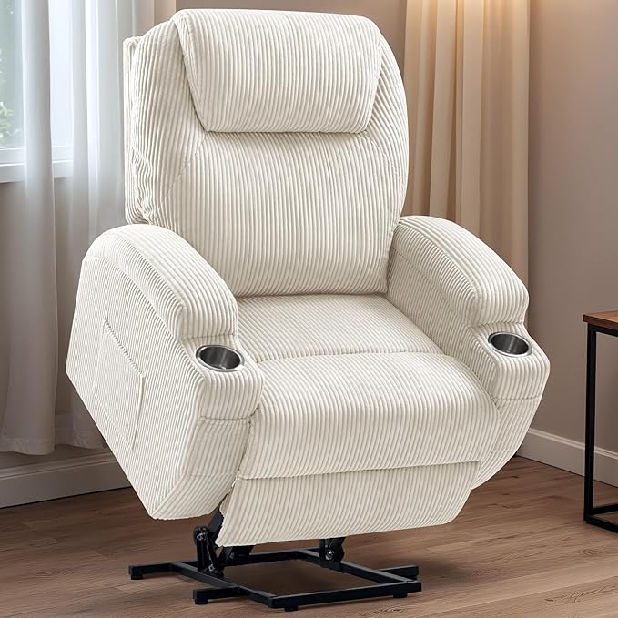 VICTONE Electric Power Lift Recliner Chair for Elderly Reclining Sofa for Living Room with Massage, Side Pockets and Cup Holders (Corduroy, Beige)