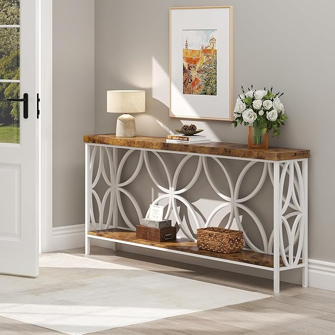 karlott 70.9 inch Extra Long Console Table, Industrial Sofa Table Behind Couch with 2 Tier Storage Shelf, Narrow Long Entryway Table for Living Room, Foyer, Hallway, Office, White