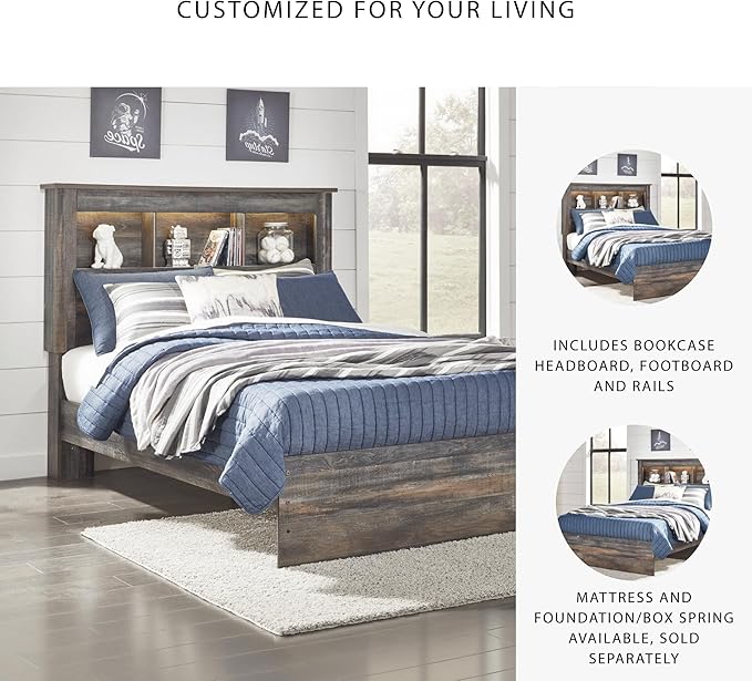Signature Design by Ashley Drystan Rustic Full Bookcase Bed with Open Cubbies and LED Lights, Foundation or Box Spring Needed, Dark Brown & Gray