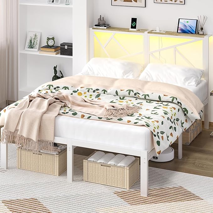 Queen White Metal Bed Frame with USB Charging Station, LED Ambient Lighting, and Wooden Storage Headboard - Includes Under-Bed Storage, No Box Spring Needed, Noise Free, Easy to Assemble