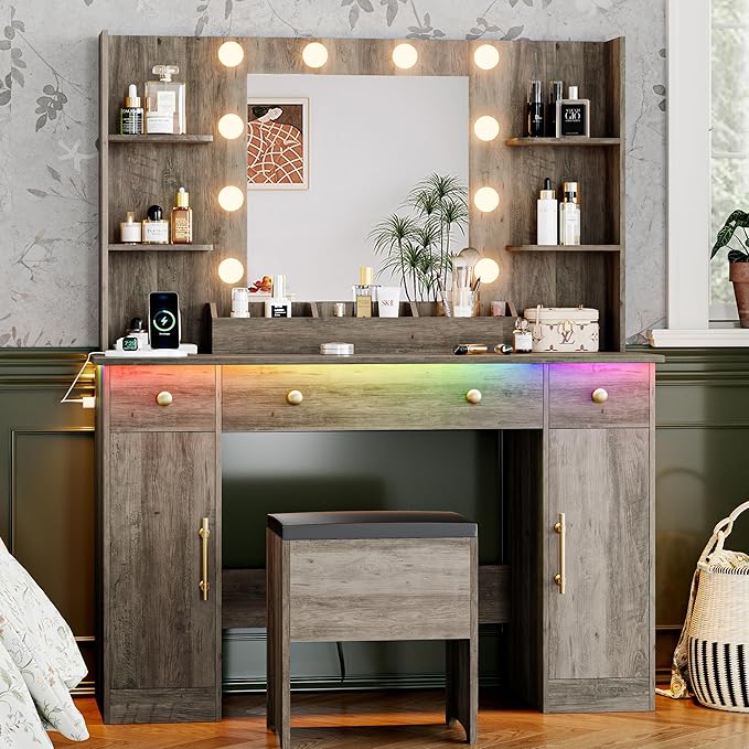 Vanity Desk with Mirror and Lights, 43'' Grey Makeup Dressing Table Set with 5 Drawers & Chair, Power Outlet, 3 Lighting Modes Adjustable Brightness & RGB LED for Women Girls Bedroom Bathroom