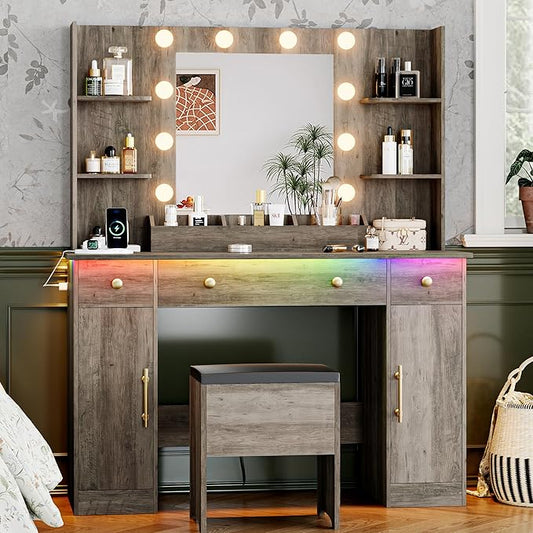 Vanity Desk with Mirror and Lights, 43'' Grey Makeup Dressing Table Set with 5 Drawers & Chair, Power Outlet, 3 Lighting Modes Adjustable Brightness & RGB LED for Women Girls Bedroom Bathroom