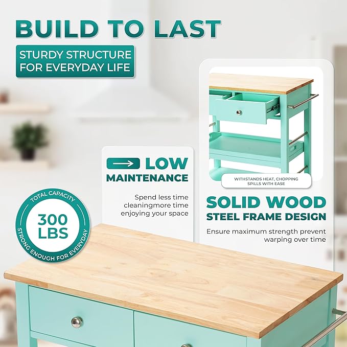 Rolling Kitchen Island Cart, Teal Kitchen Cart with Rubberwood Top, Ample Storage Drawers, Adjustable Shelves, Utility Cart with Wheels for Small Kitchens, 35” Height