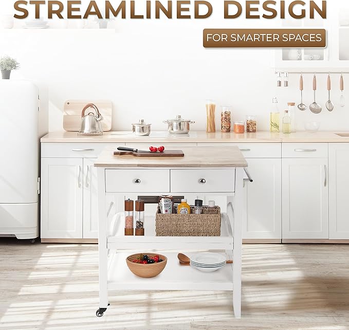 Rolling Kitchen Island Cart, White Kitchen Cart with Rubberwood Top, Ample Storage Drawers, Adjustable Shelves, Utility Cart with Wheels for Small Kitchens, 35” Height