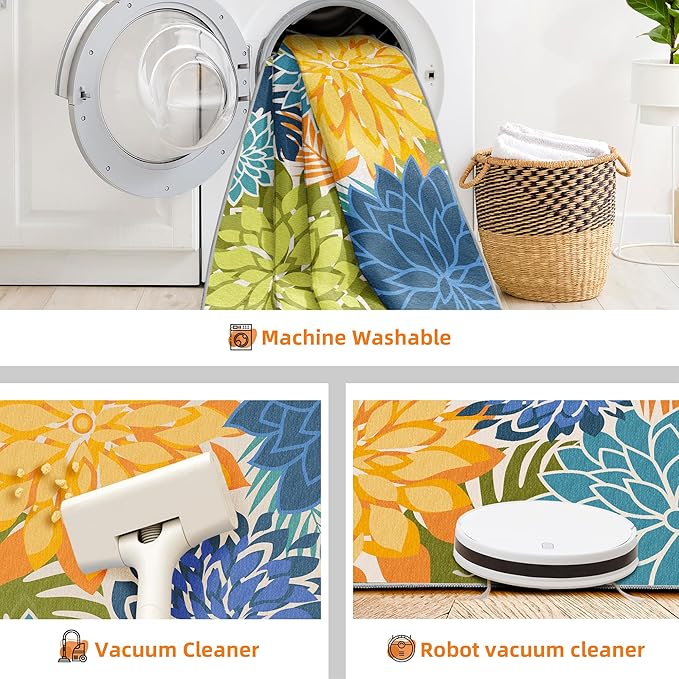 Indoor Outdoor Area Rug Washable Multicolored Patio Rug Tropical Botanical Modern Floral Indoor Outdoor Carpet Non Slip Yellow Green Rug Non Shedding for Patio, Deck, Backyard, Porch (8x10)