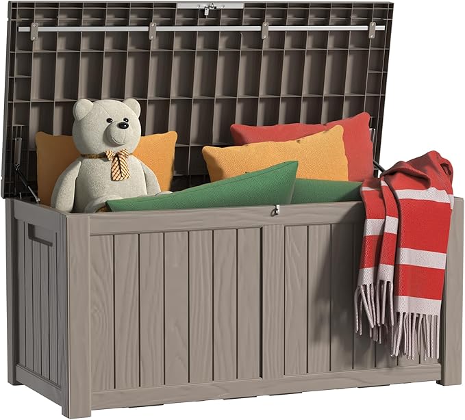 120 Gallon Outdoor Storage Box Waterproof, UV Resistant Resin Deck Box with Hydraulic Rod, Reinforced Stability for Patio, Garden, and Pool, Striped Gray