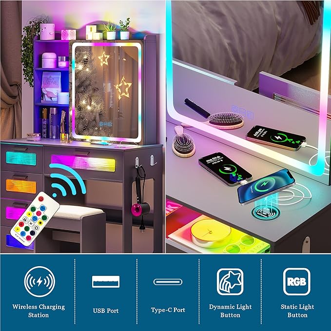 Vanity Desk with Lights and Sliding Mirror, Makeup Vanity Desk with Charging Station, Vanitys Dressing Table with Stool,LED Vanity Set with Large Drawers&Shelves for Bedroom, Decor, Grey