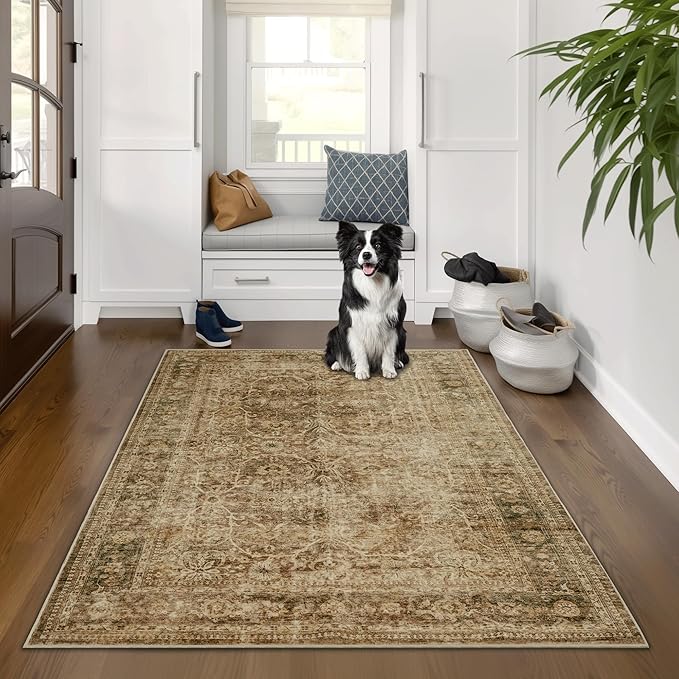 FMFUNCTEX 3x5 Washable Area Rug Brown Vintage Neutral Non Slip Low Pile Traditional Retro Indoor Carpet for Entryway Entrance Soft Floral Throw Rug Living Room Bedroom Kitchen Dining Office Laundry