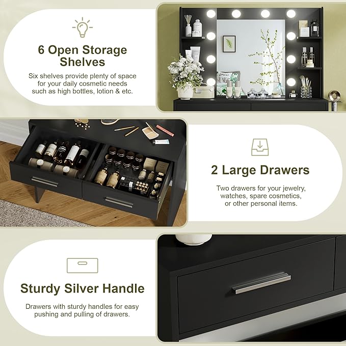 YESHOMY Vanity Desk with Mirror, Makeup Table with 2 Large Drawers, Power Outlet and Round Holder, 3 Color Modes Adjustable Bulb, Pure Black