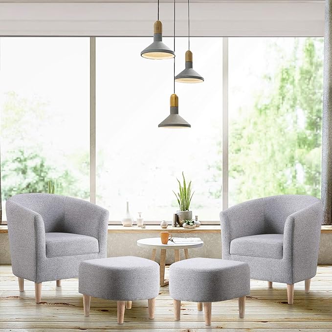 DAZONE Accent Chair with Ottoman, Modern Comfy Armchair Upholstered Barrel Club Chair and Footrest Set, Fabric Tub Arm Chairs for Living Room Bedroom Small Spaces Apartment Office, Set of 2, Gray