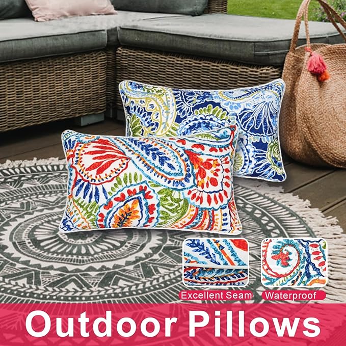 JMGBird 12×20 Inch Outdoor Lumbar Pillows Pack of 2 Colors Waterproof Throw Pillows with Insert Rectangular Decorative Garden Cushion for Home Furniture Patio Coach Sofa
