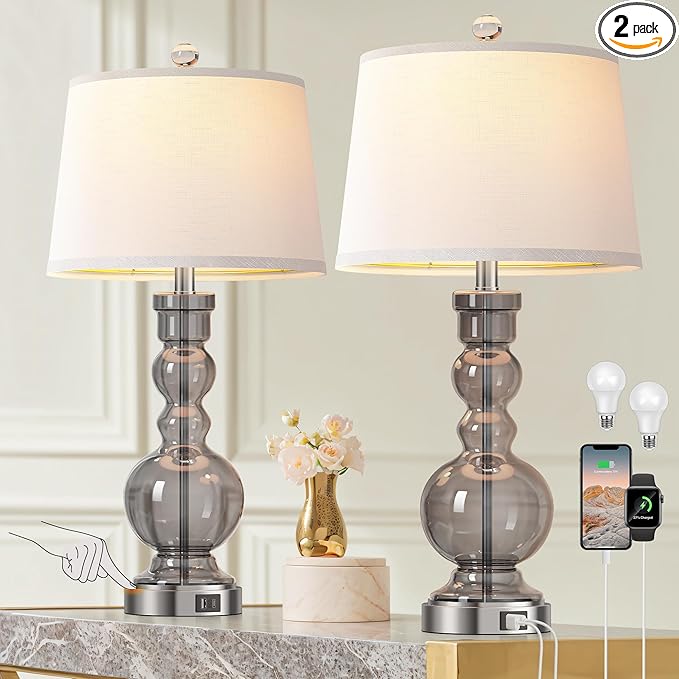 Hamucd 3-Way Dimmable Touch Control Clear Grey Glass Table Lamps Set of 2 with USB A+C for Modern Comtemporary Bedroom Nightstand Living Room Decor(Bulbs Included) (Grey)